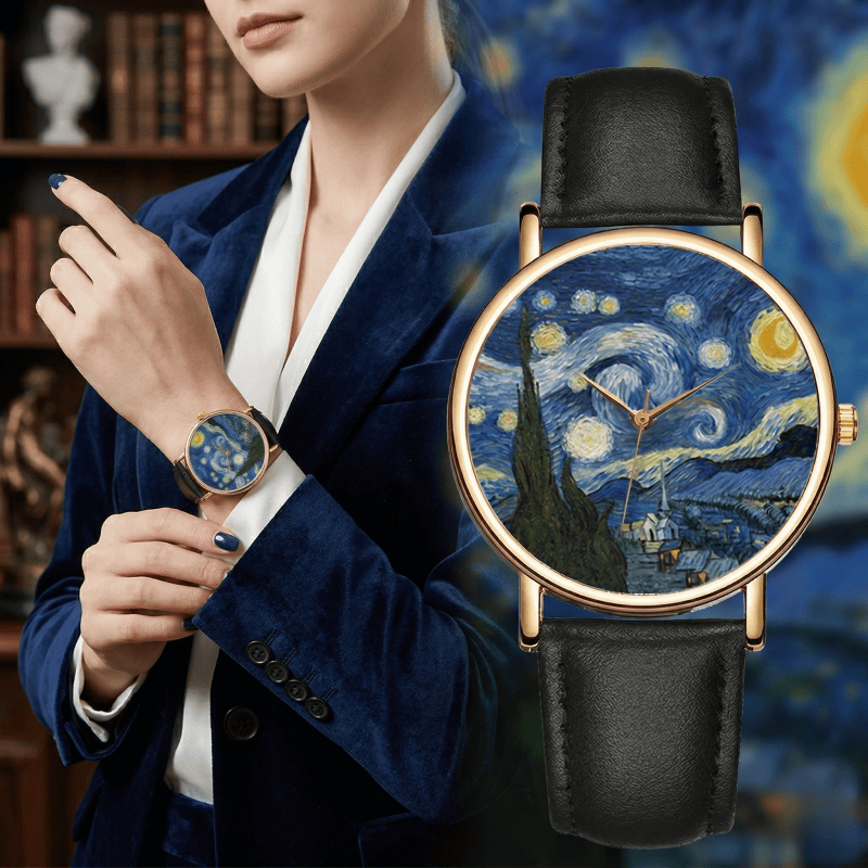 Leather Watch Band Men - Van Gogh Tablo Kadranlı Saatler Kadın